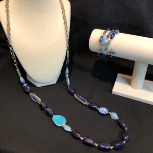 Chico's set - necklace with silver tone, turquoise & navy plus matching bracelet